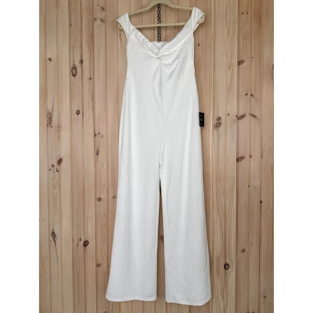 NWT Lulus Stunning Existence White Off-the-Shoulder Knot-Front Jumpsuit Size L